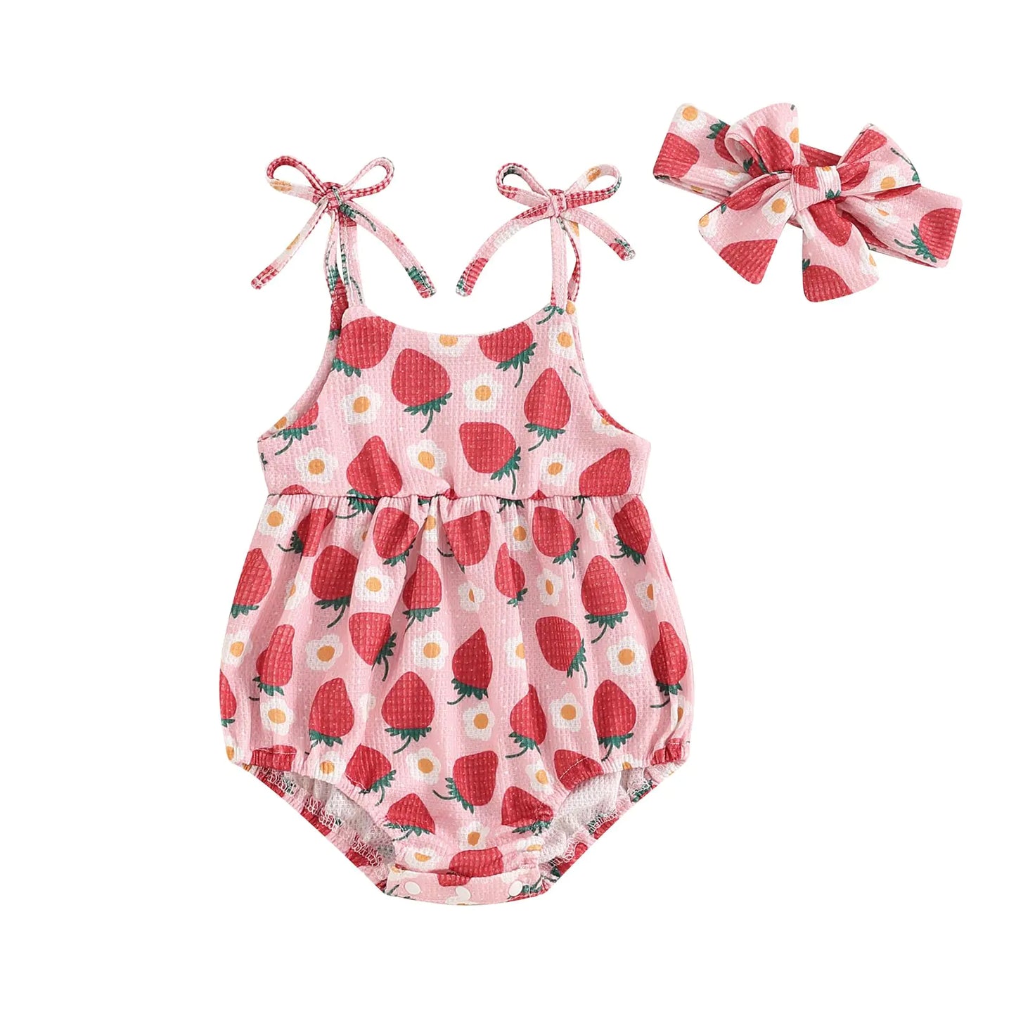Summer Baby Girl Clothes Newborn Floral Bubble Romper Strap Sleeveless Onesie Jumpsuit Playsuit Headband Outfit (strawberry romper 12-18 Months)