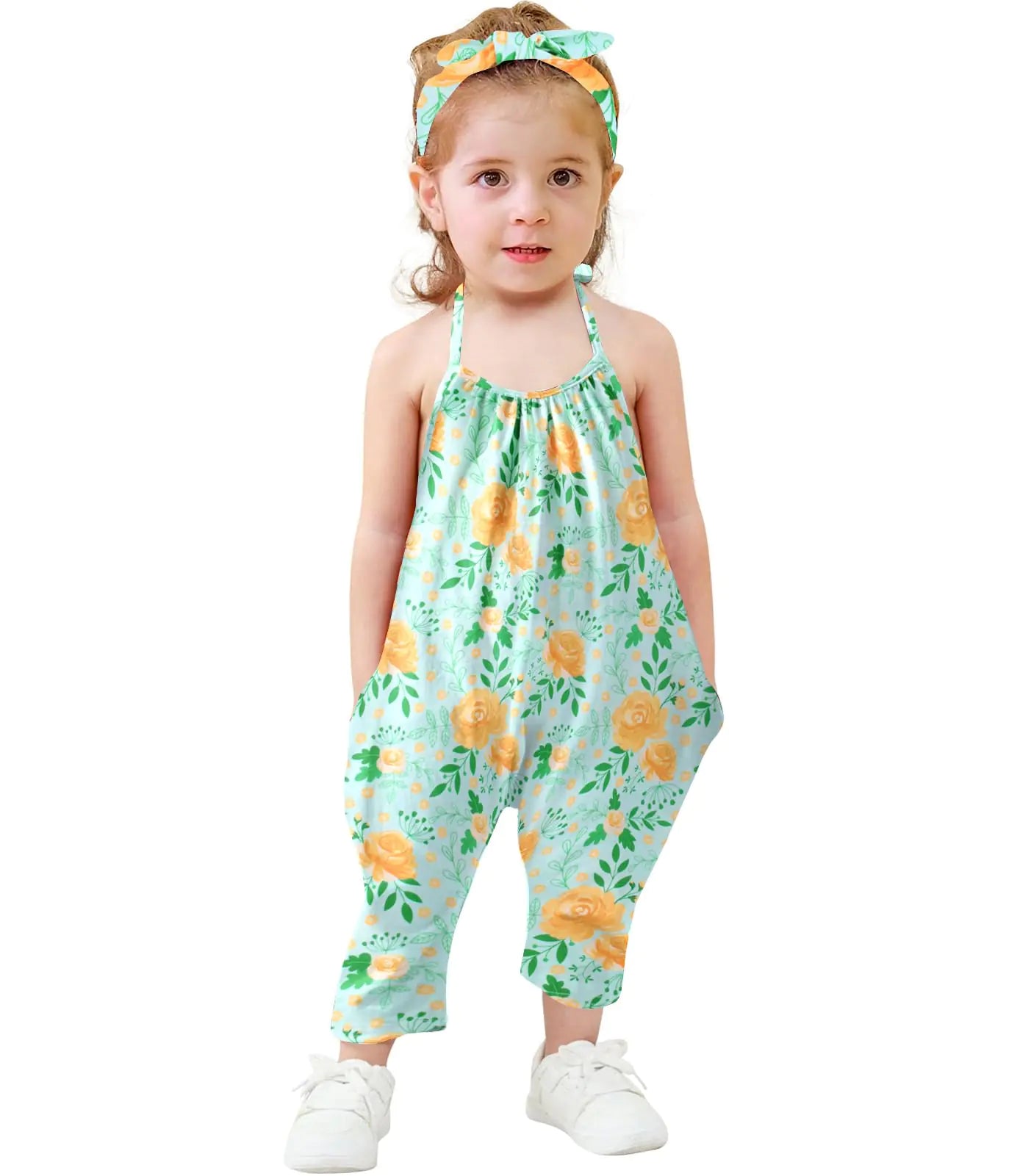 RAISEVERN Toddler Girl Floral Jumpsuit Baby Girl Romper Summer Clothes Halter Strap Little Kids Hawaiian Outfits Beach with Pocket Size 3T 4T