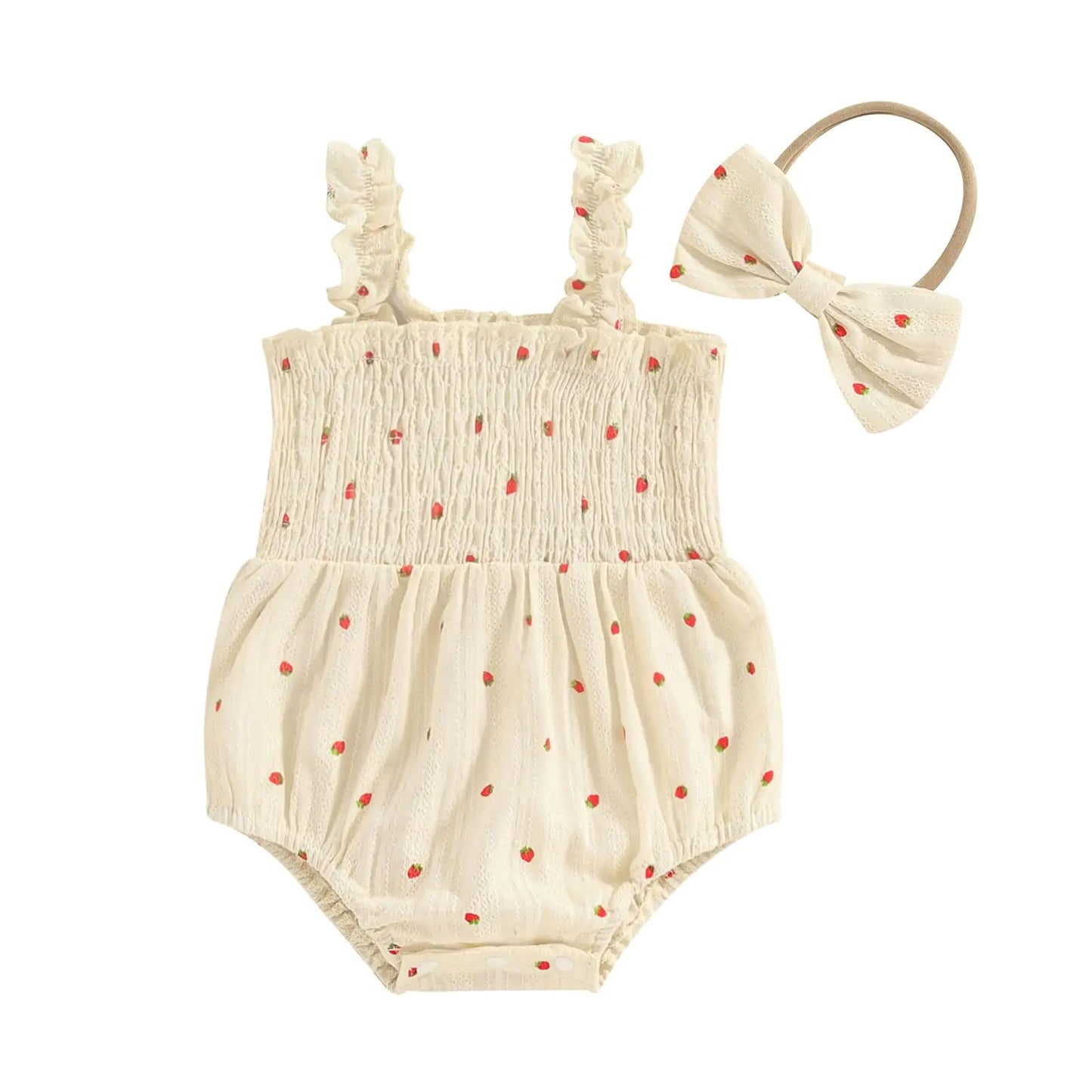 Infant Baby Girl Summer Outfit Clothes Sleeveless Smocked Cotton Linen Romper with Headband (Strawberry Yellow 3-6 Months)