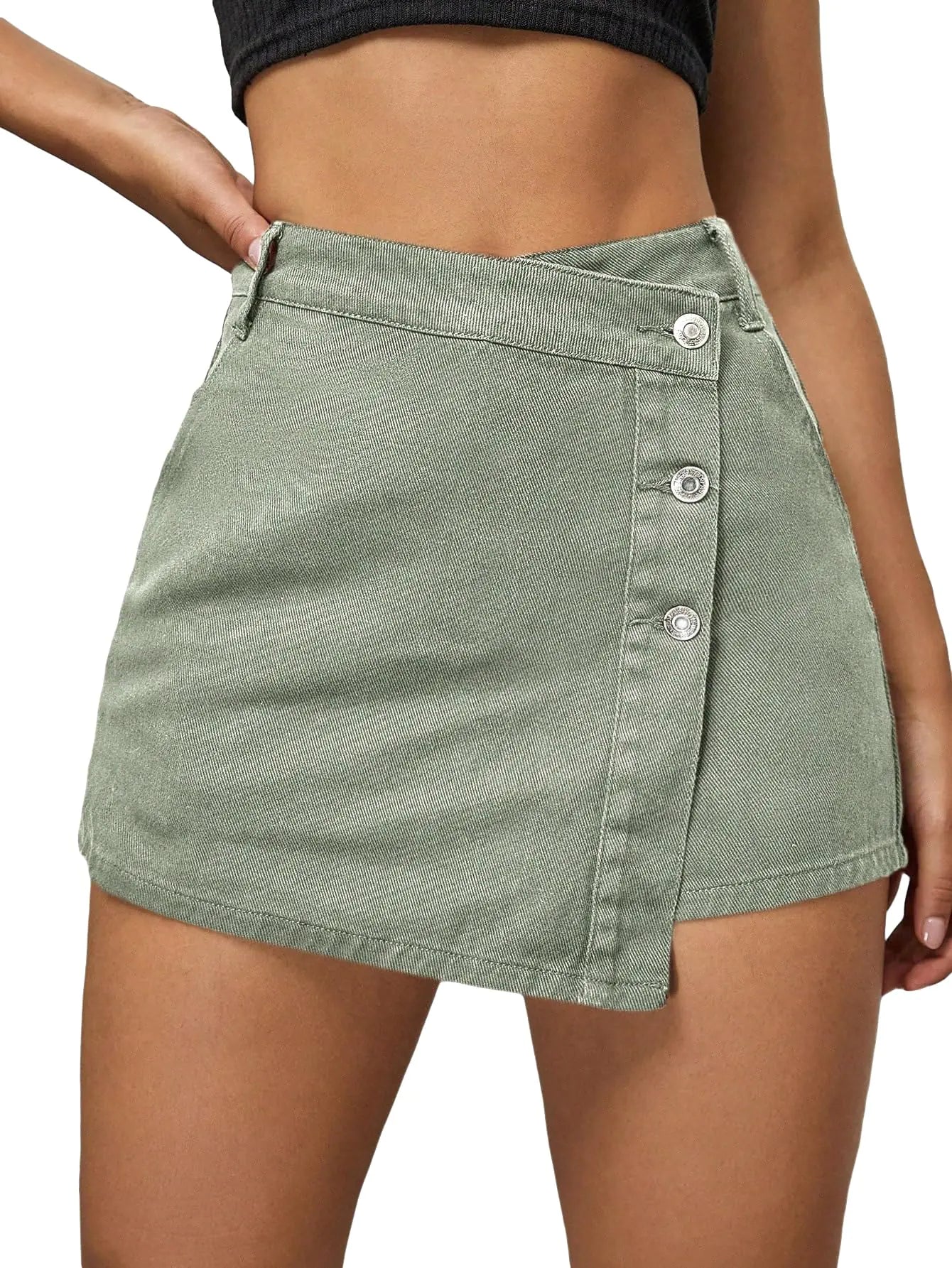 WDIRARA Womens High Waisted Button Front Denim Skort Asymmetrical Hem Skirt Shorts Khaki Solid S