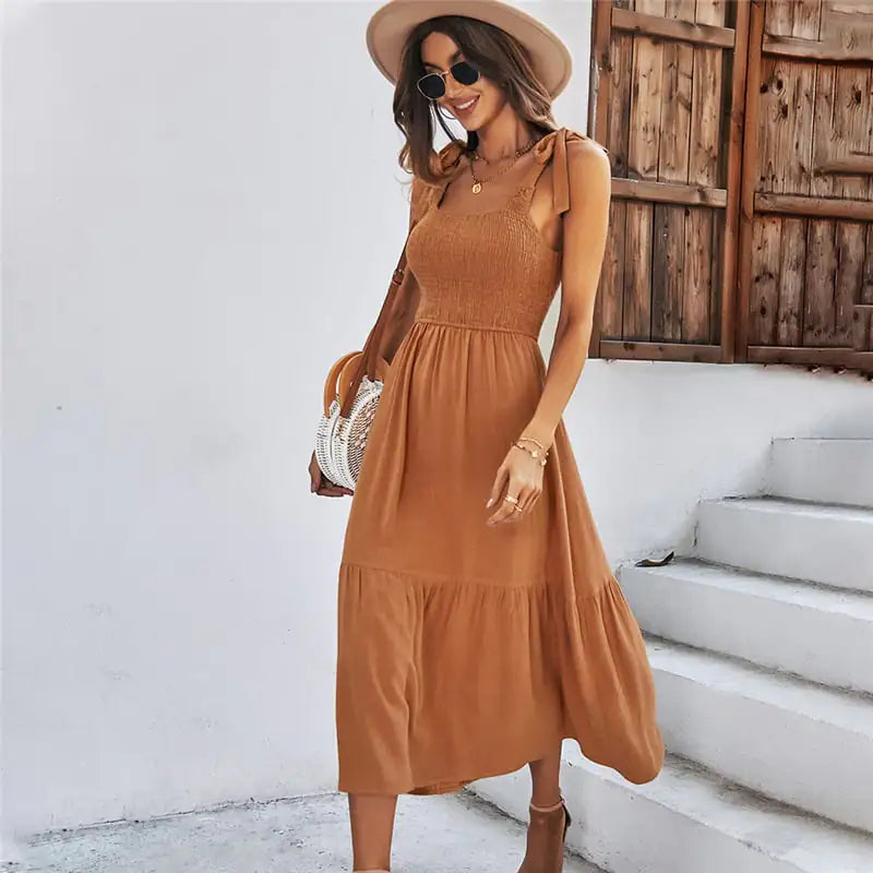 Women’s Summer Splicing Solid Black Strap Dress