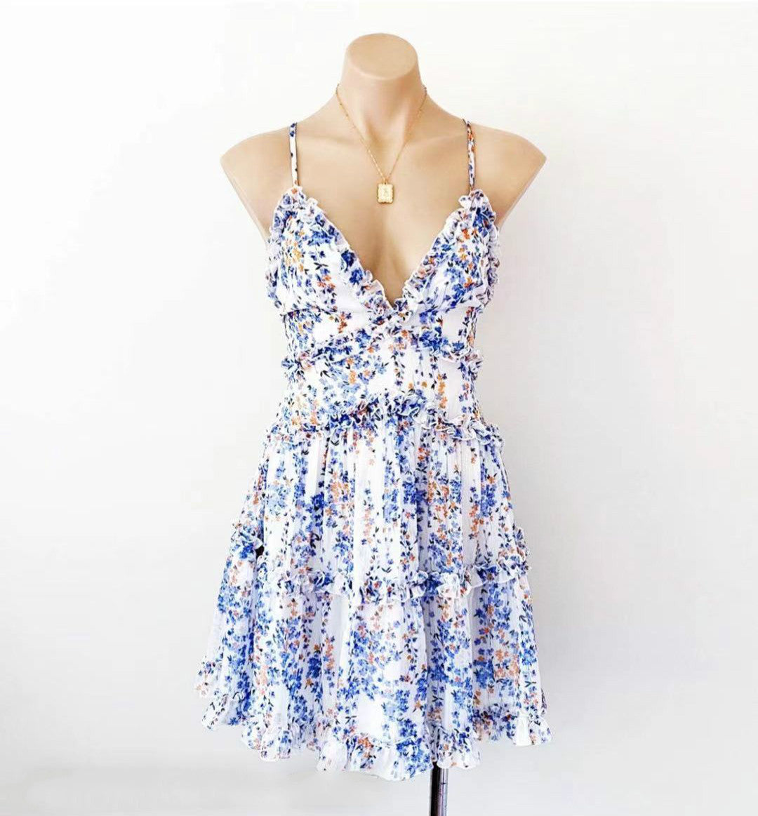 V-neck Stitching Printed Suspenders Fashion Fungus Fringe Dress