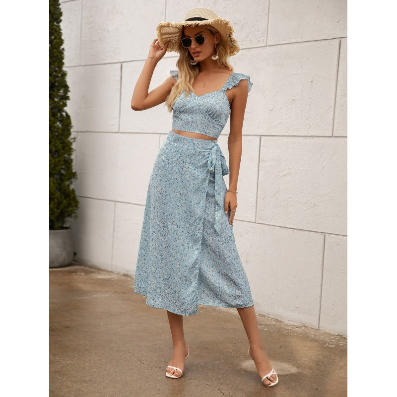 Leisure Vacation Vest Long Skirt Sexy Strappy Split Floral Suit