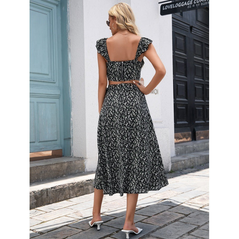 Leisure Vacation Vest Long Skirt Sexy Strappy Split Floral Suit
