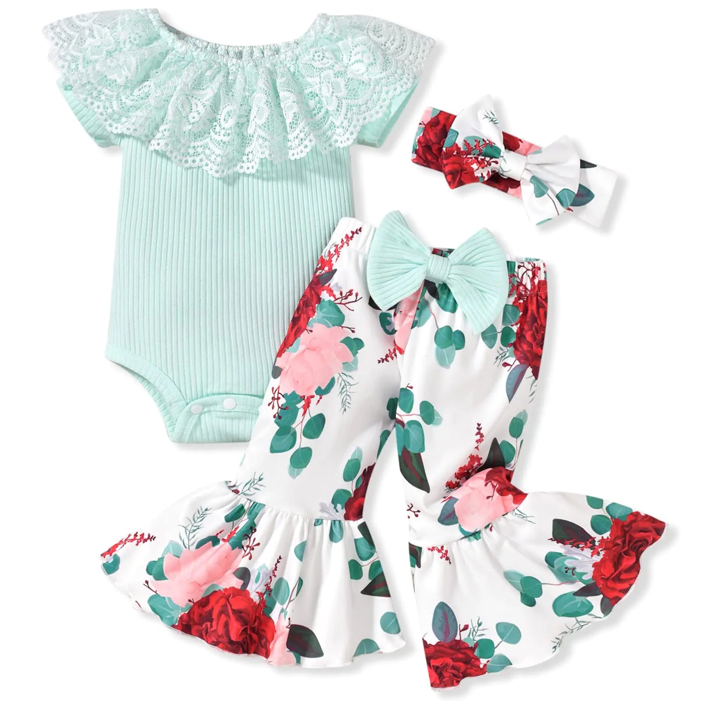 HINTINA Infant Baby Girl Summer Outfits Floral Flower Bell Bottoms Flared Pants Bodysuit Clothes Set 3-6 Months