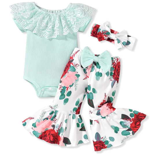 HINTINA Infant Baby Girl Summer Outfits Floral Flower Bell Bottoms Flared Pants Bodysuit Clothes Set 3-6 Months