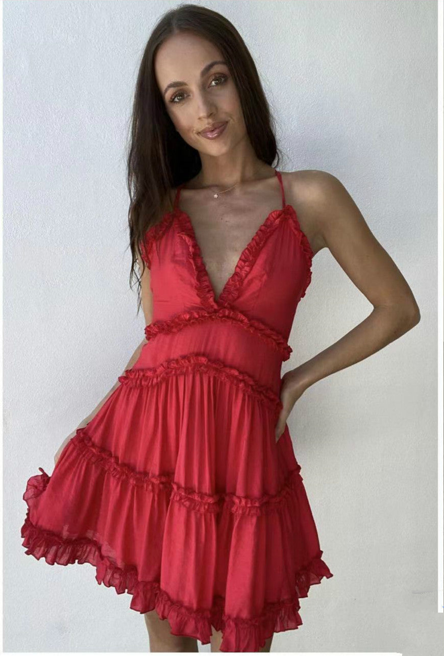 V-neck Stitching Printed Suspenders Fashion Fungus Fringe Dress