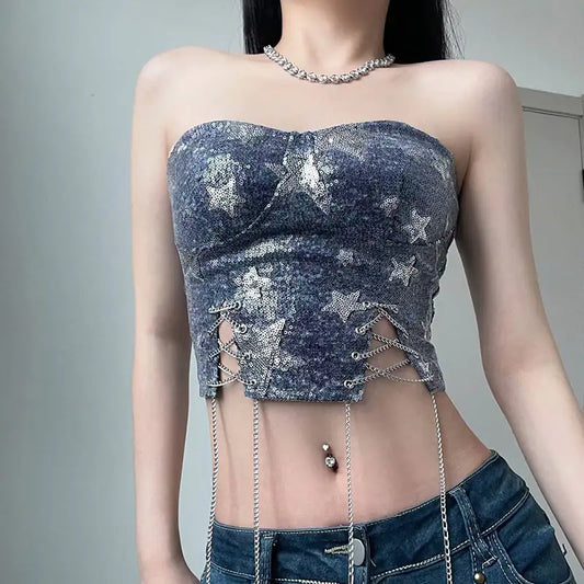Cowboy Wind Sequin Star Stitching Brassiere & Chain