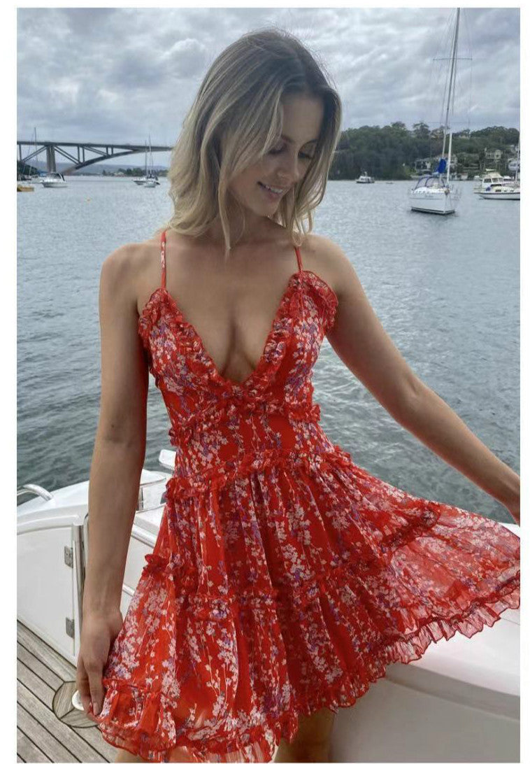 V-neck Stitching Printed Suspenders Fashion Fungus Fringe Dress