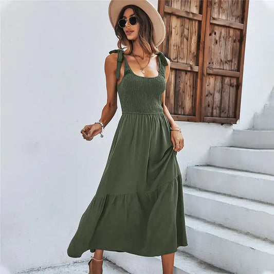Women’s Summer Splicing Solid Black Strap Dress