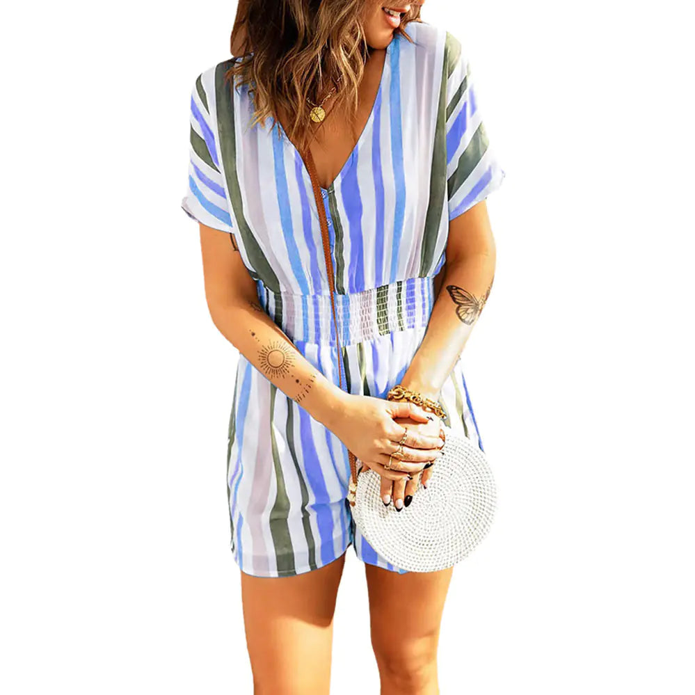 Striped V-neck Button Jumpsuit for Plus Size Women
