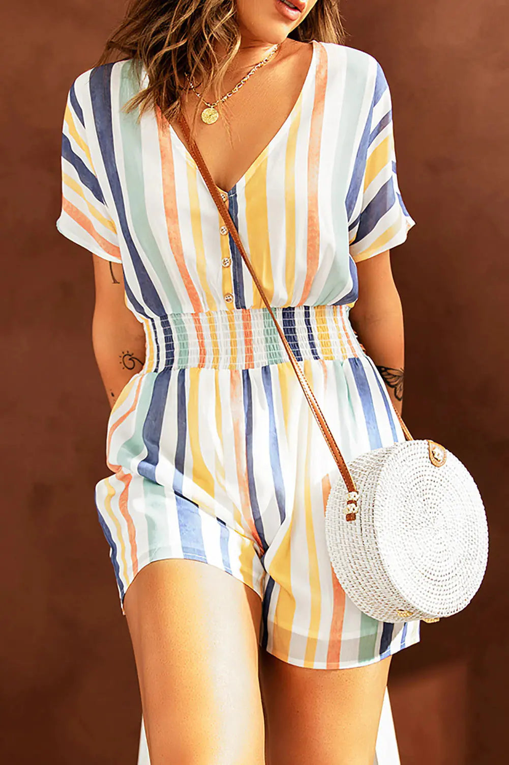 Striped V-neck Button Jumpsuit for Plus Size Women