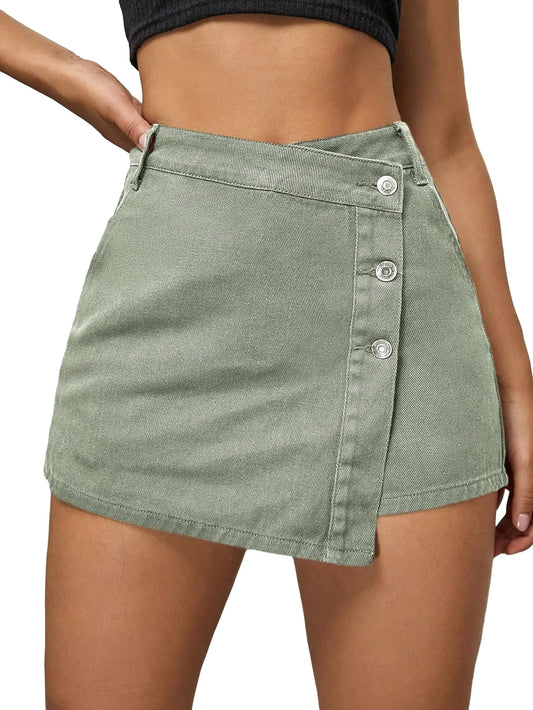 WDIRARA Womens High Waisted Button Front Denim Skort Asymmetrical Hem Skirt Shorts Khaki Solid S