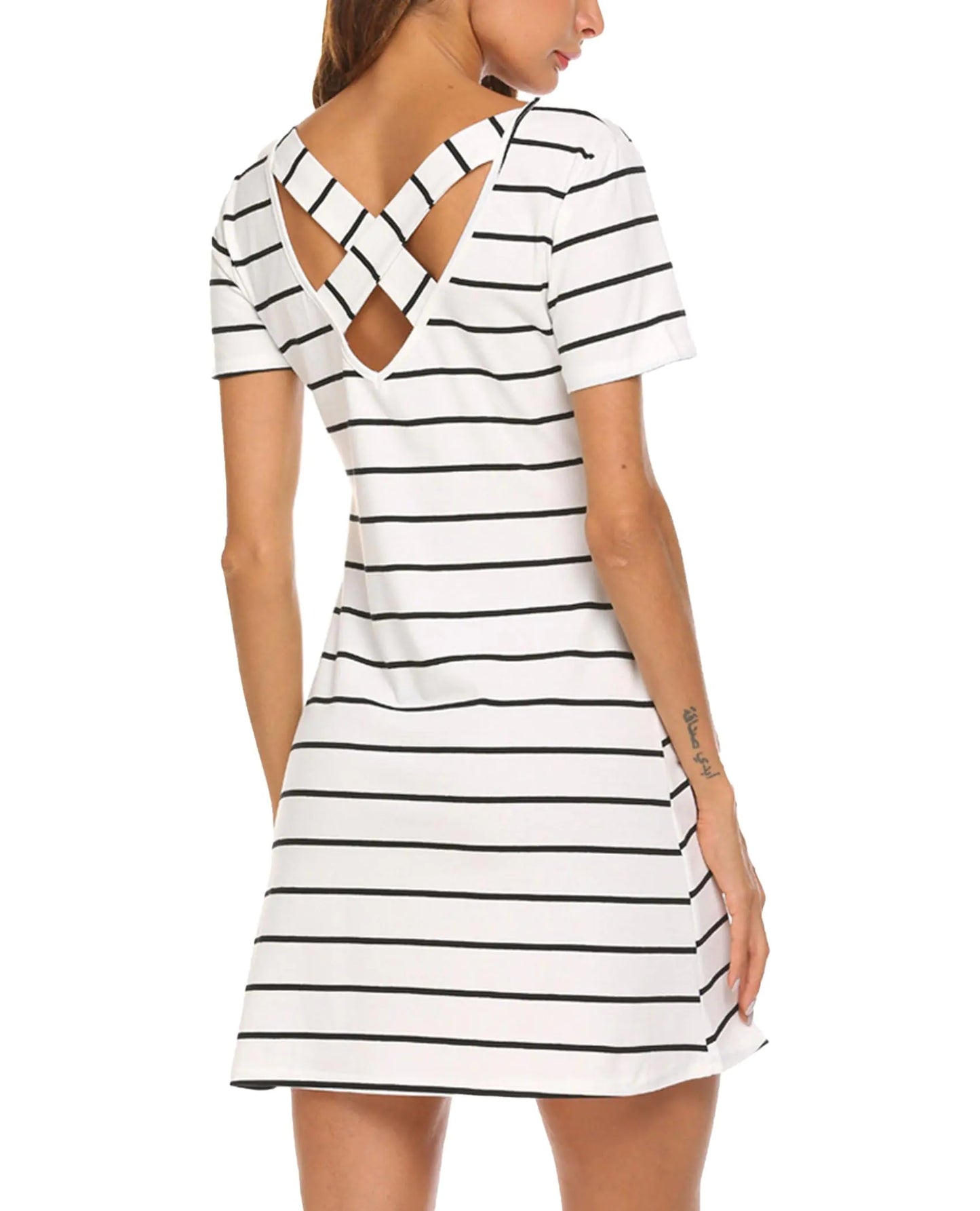 Feager Womens Casual Backless Striped Pocket Short Sleeve Tunic Dresses White M