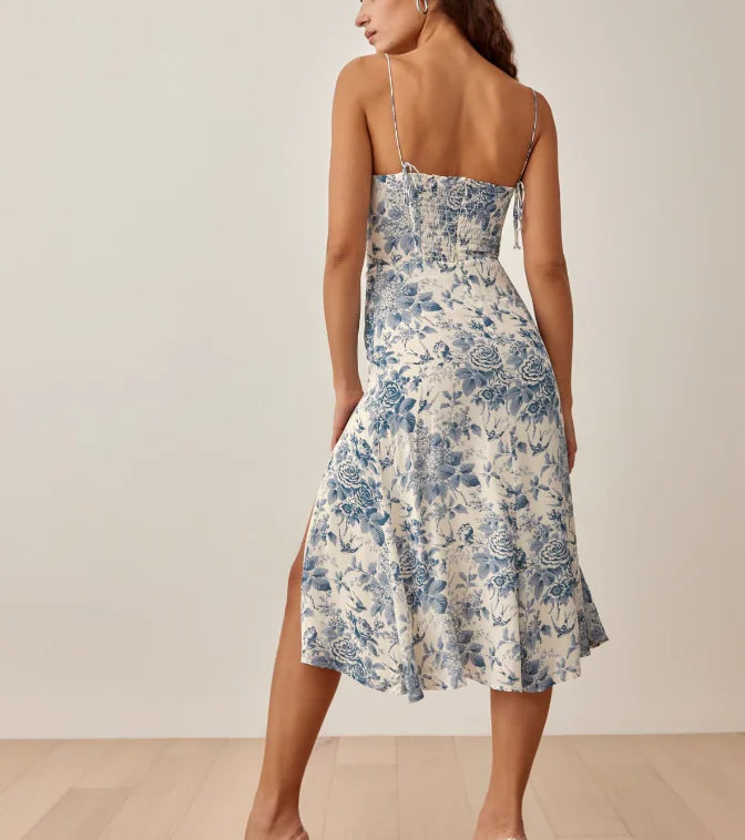 Silk Printed Drawstring Slit Dress for Women