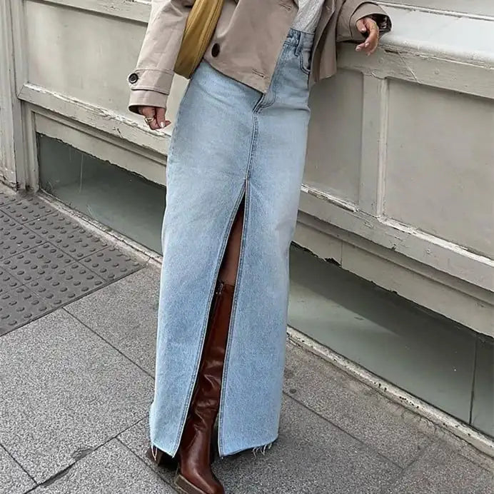 Women's Casual Light Blue Washed Denim Skirt