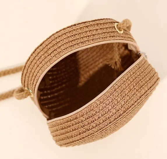 Handwoven Vintage Straw Round Beach Bag