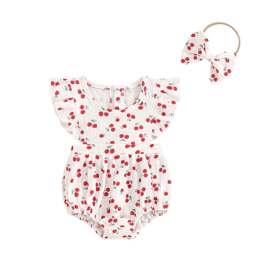 Newborn Baby Girl Romper Floral Ruffle Sleeveless Jumpsuit Cotton Bodysuit with Headband Summer Clothes Outfit (B-White Cherry 12-18m)