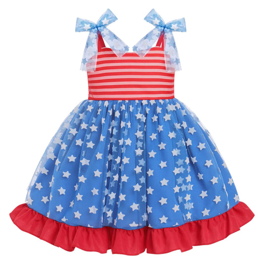 Fourth of July Baby Girl Outfit: Spaghetti Strap Dresses Patriotic 4th of July American Flag Independence Day Dresses for Toddler Kids Fancy Tutu Tulle Ruffle Swing Gown Red & White Blue 2-3T