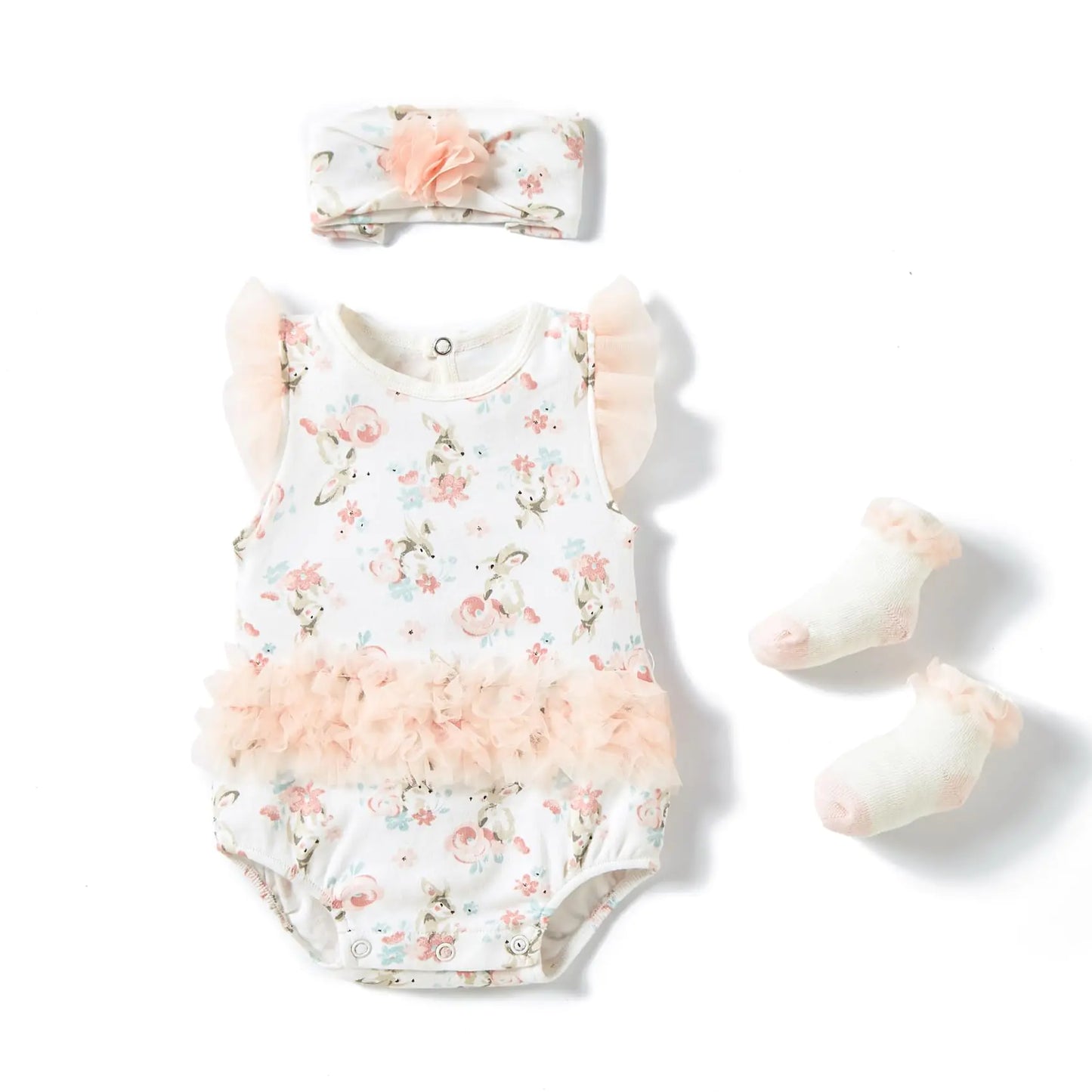 Minicoco Baby Girl Bodysuits romper with Lace Trim Super Cute One-piece Clothes with Socks and Hairbands (Rabbit 3-6 Months)