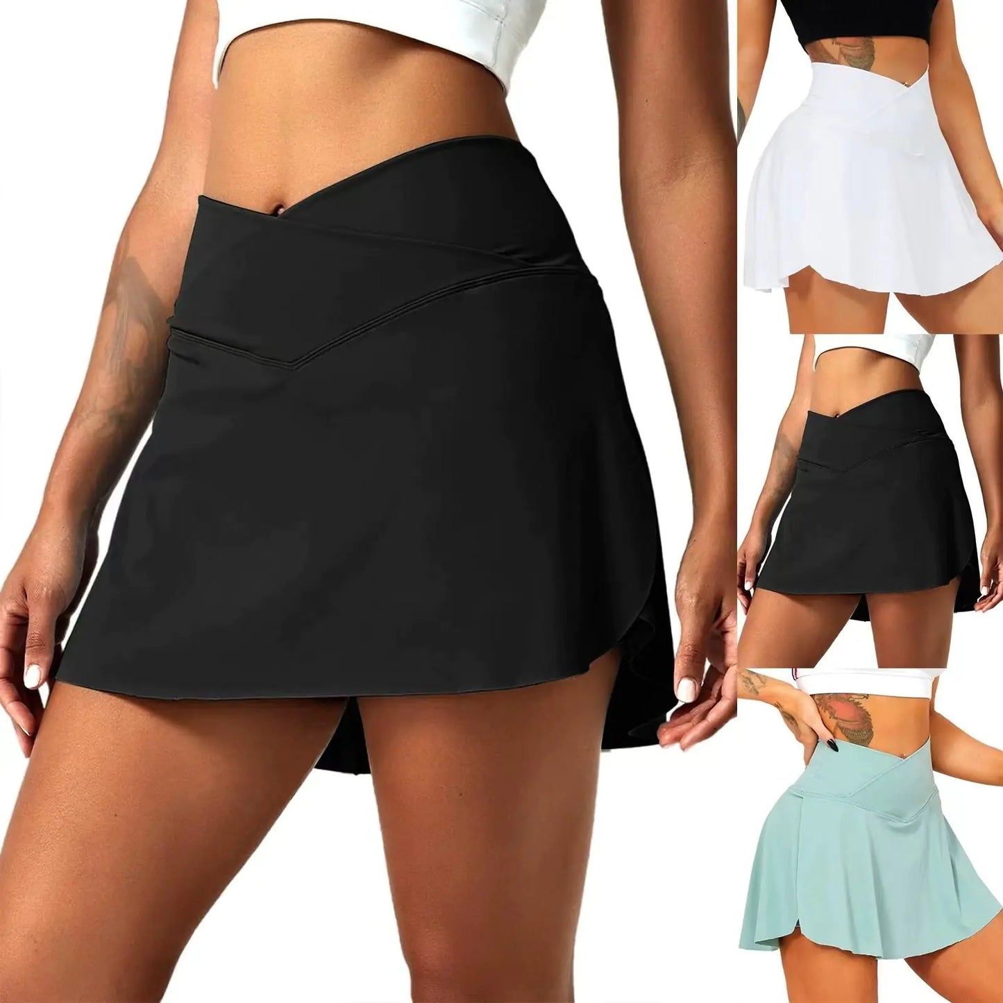 Women's Solid Color Cross Waist Fake Two-Piece Pants