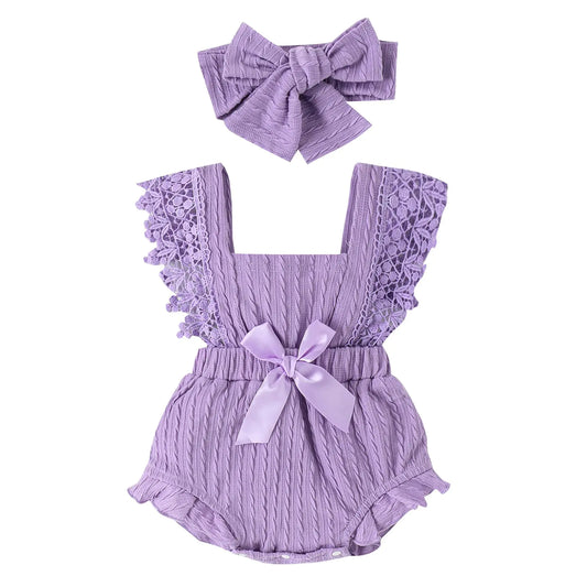 Baby Girl Summer Outfit Boho Clothes Newborn Infant Ruffle Pleated Ribbed Bubble Boho Lace Bodysuit Jumpsuit (Purple 6-12 Months)