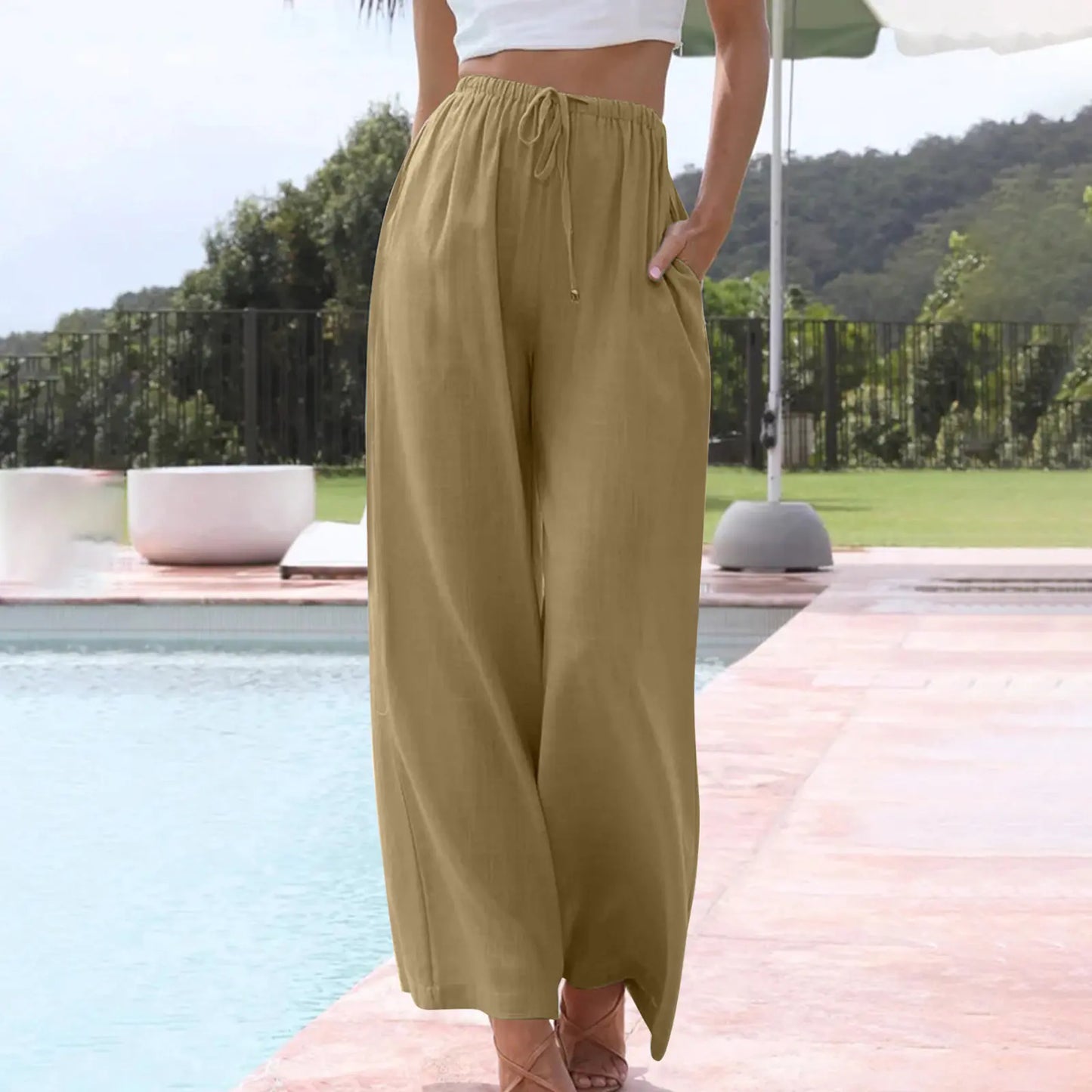 2025 Spring/Summer Cotton Linen Drawstring Wide-Leg Pants