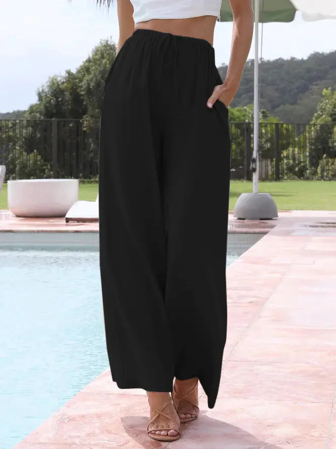 2025 Spring/Summer Cotton Linen Drawstring Wide-Leg Pants