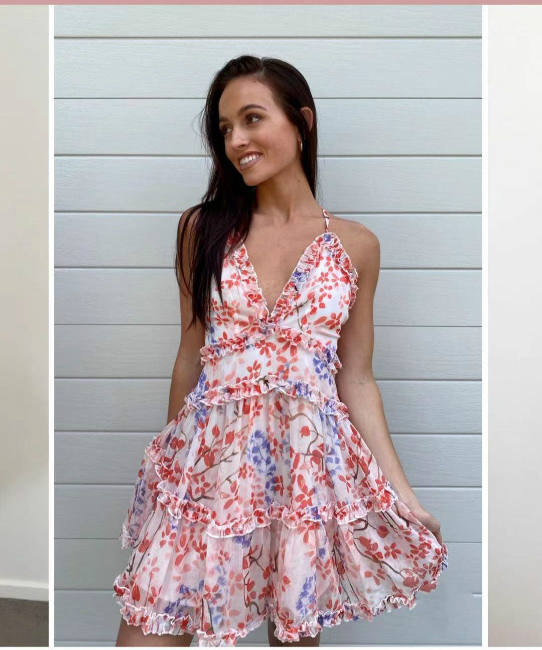 V-neck Stitching Printed Suspenders Fashion Fungus Fringe Dress