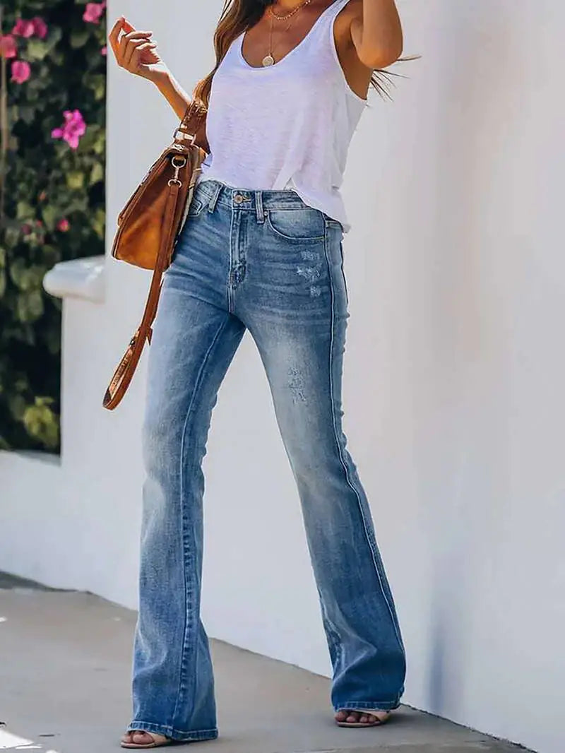 Light Blue High Waist Flare Jeans with Slash Pockets