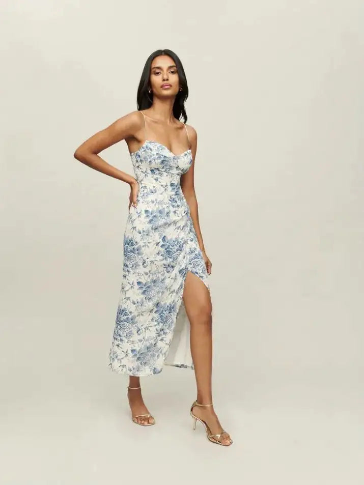 Silk Printed Drawstring Slit Dress for Women