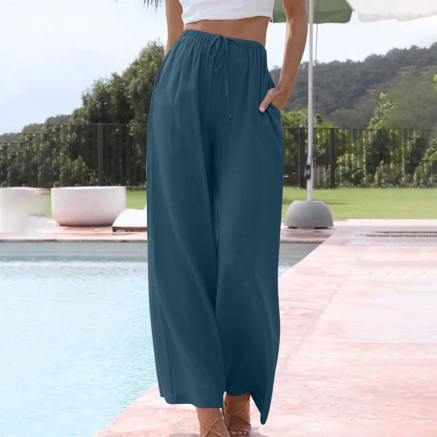 2025 Spring/Summer Cotton Linen Drawstring Wide-Leg Pants