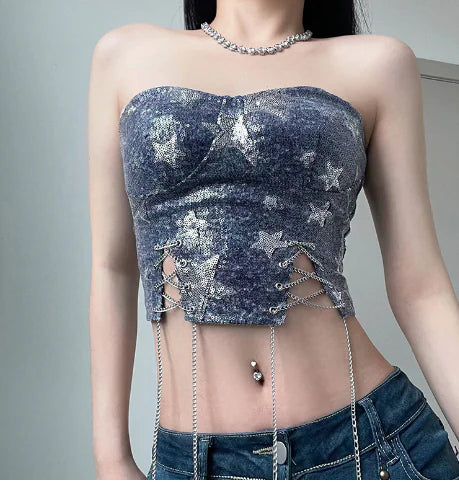 Cowboy Wind Sequin Star Stitching Brassiere & Chain