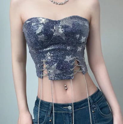 Cowboy Wind Sequin Star Stitching Brassiere & Chain
