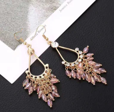 Long Crystal Drop Earrings with Bohemian Beads