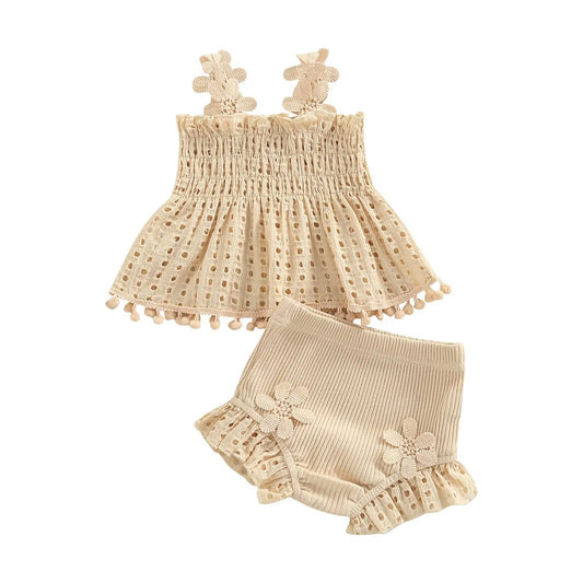 2Pcs Newborn Baby Girl Summer Clothes Sleeveless Floral Top Ribbed Shorts Boho Outfit Set Beige 0-3 Months
