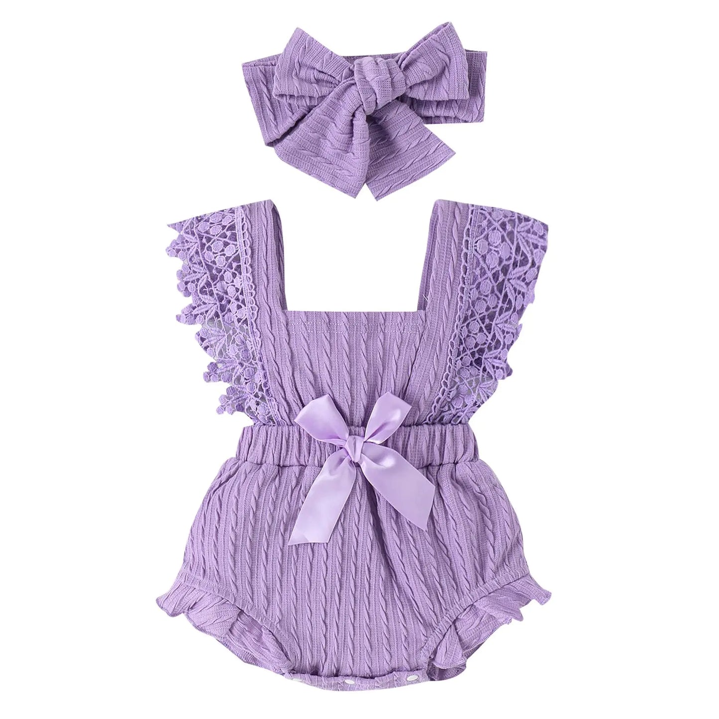 Baby Girl Summer Outfit Boho Clothes Newborn Infant Ruffle Pleated Ribbed Bubble Boho Lace Bodysuit Jumpsuit (Purple 6-12 Months)